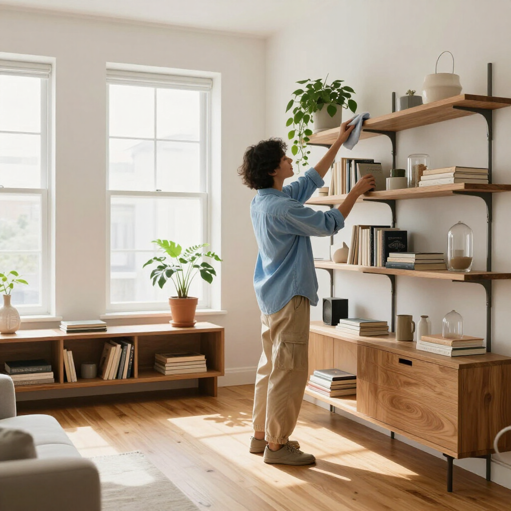 Person arranging books on wall shelves in a sunlit room with large windows and potted plants