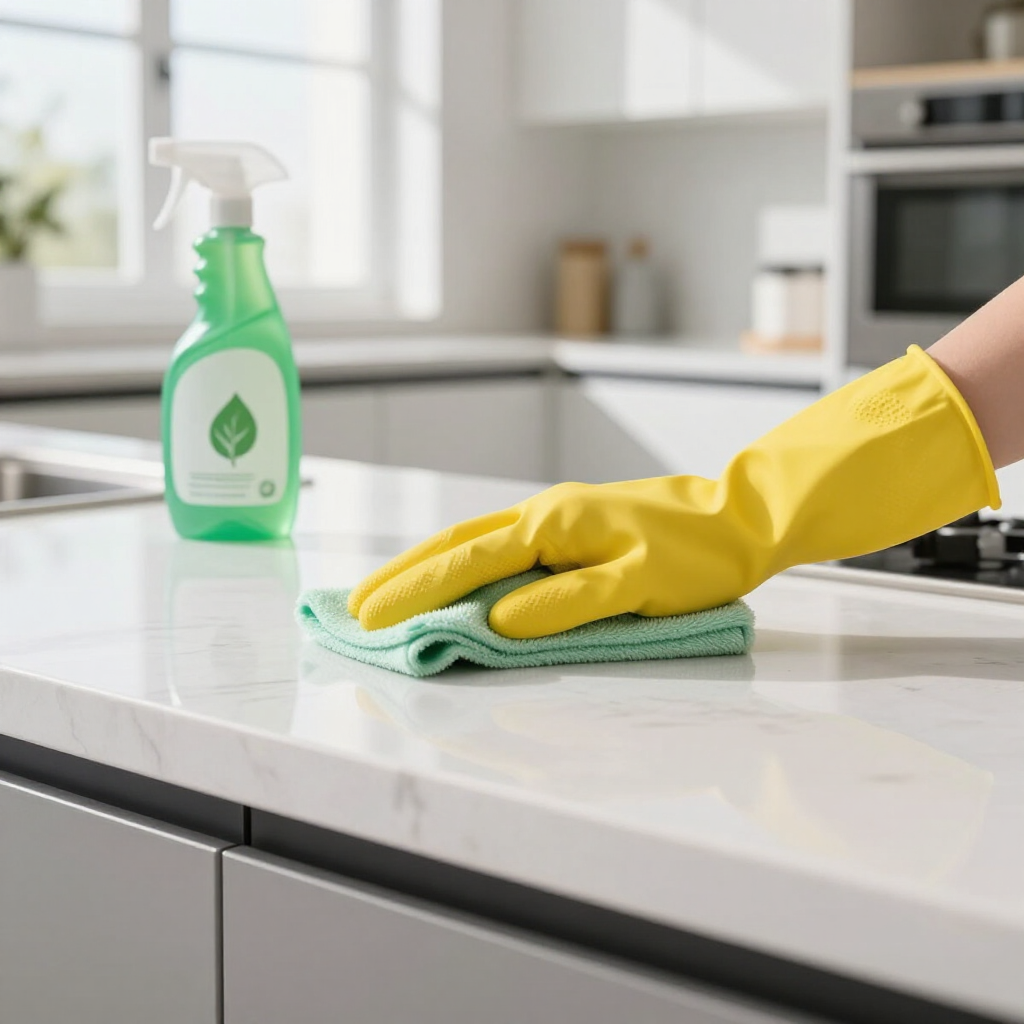Yellow-gloved hand wipes a white kitchen counter with a green cloth beside a spray cleaner