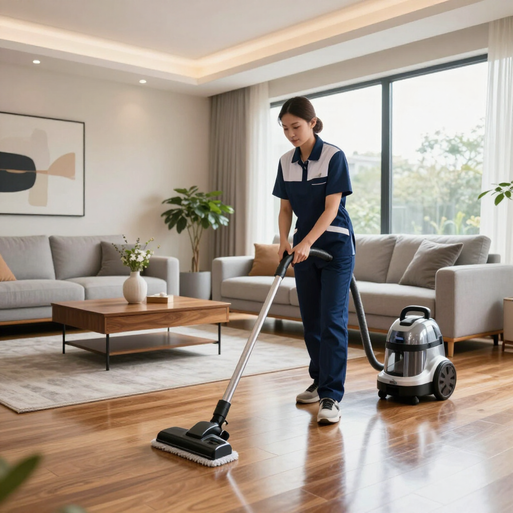 Person vacuuming a bright living room with a canister vacuum and wooden floor