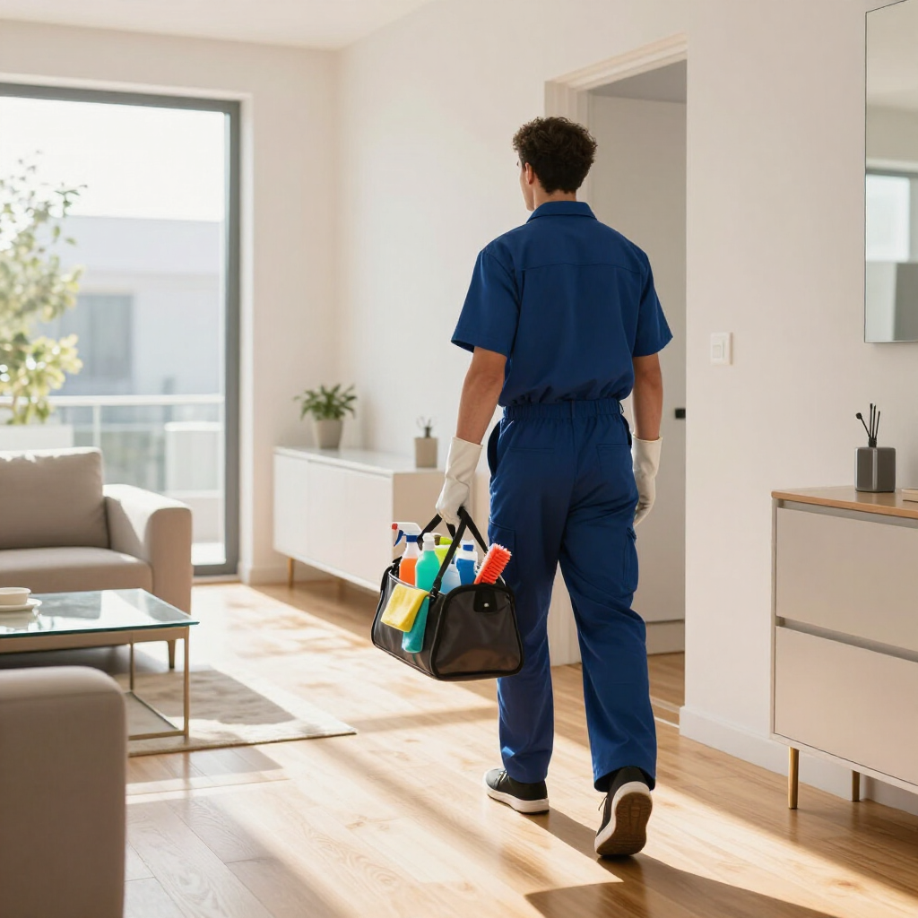 Repair technician in blue uniform carrying tools through a bright modern home