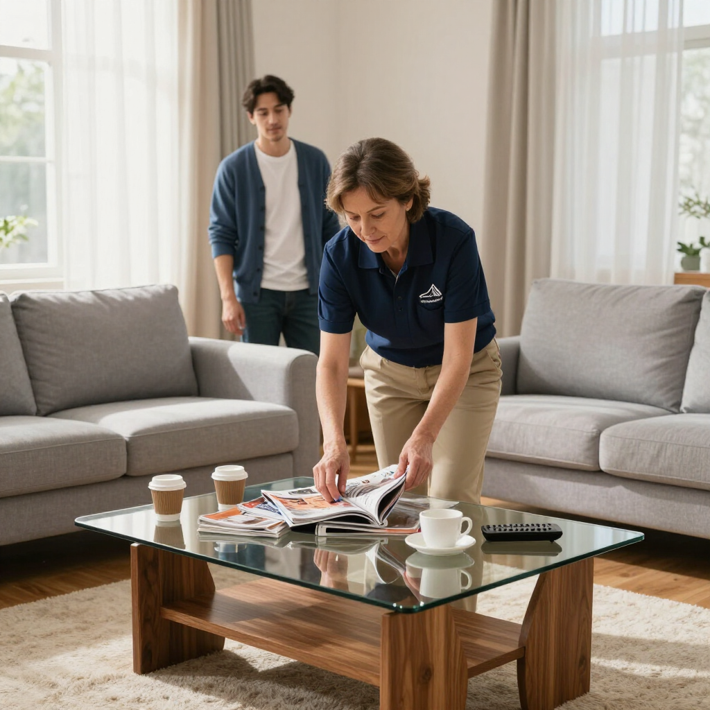 Two people in a bright living room sort magazines on a glass coffee table beside cups and pills.
