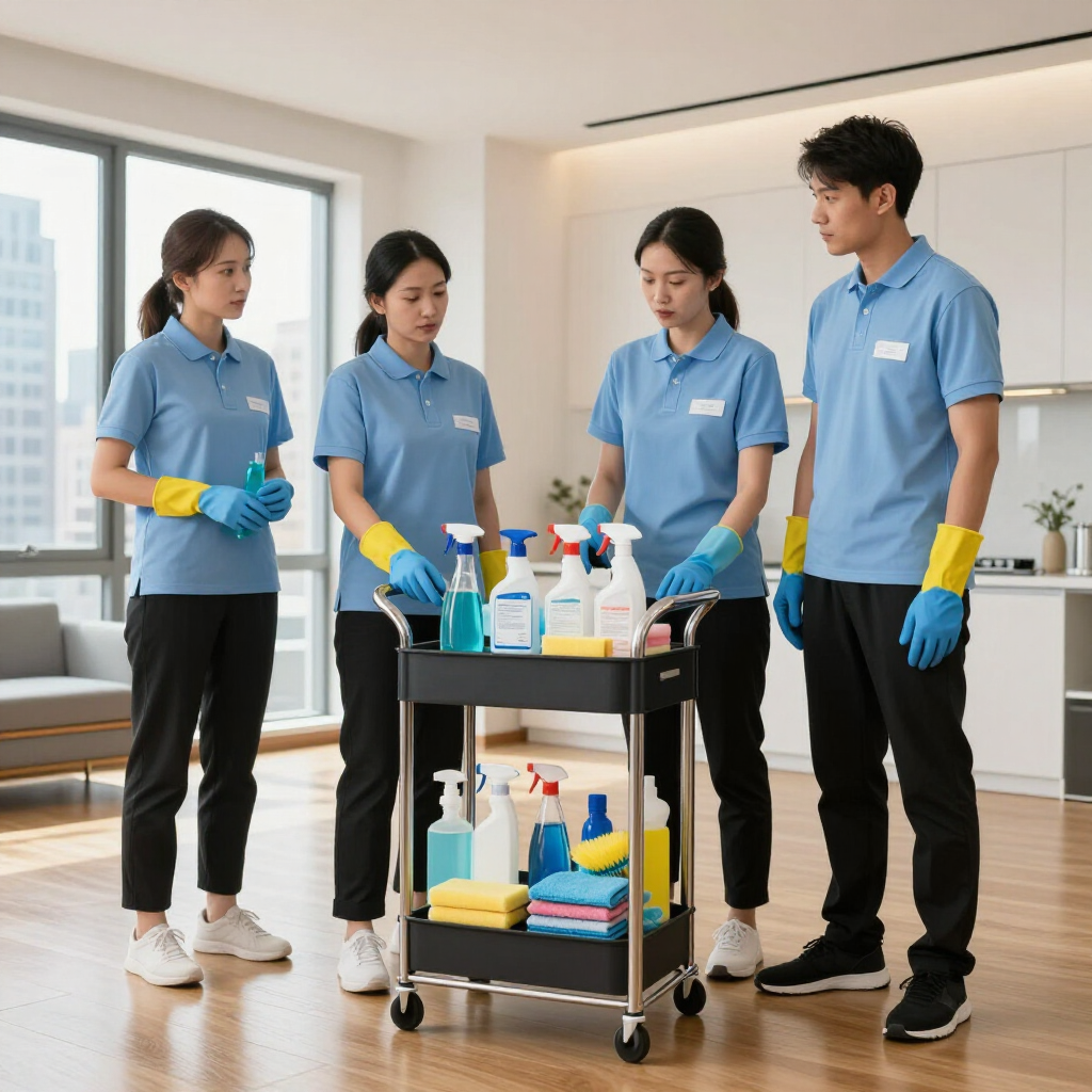 Four cleaners in blue uniforms restocking a janitor cart with sprays and cloths in a bright room