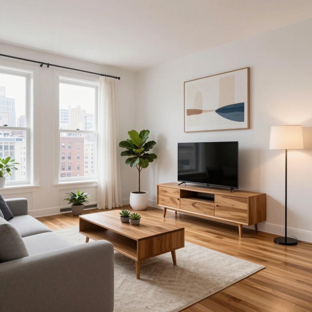 Bright modern living room with gray sofa, wooden TV stand, floor lamp, plants, and large windows.