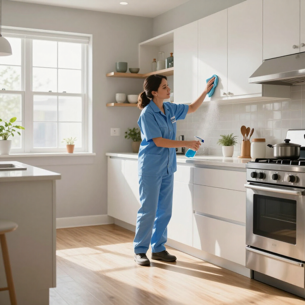 Person cleaning a bright kitchen counter and cabinets with a blue spray bottle and cloth