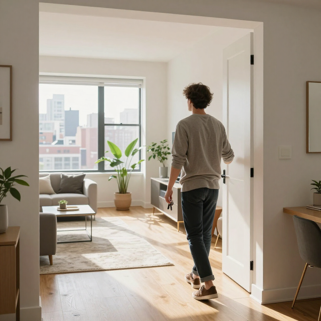 Person walking into a sunlit living room with a city view through large windows