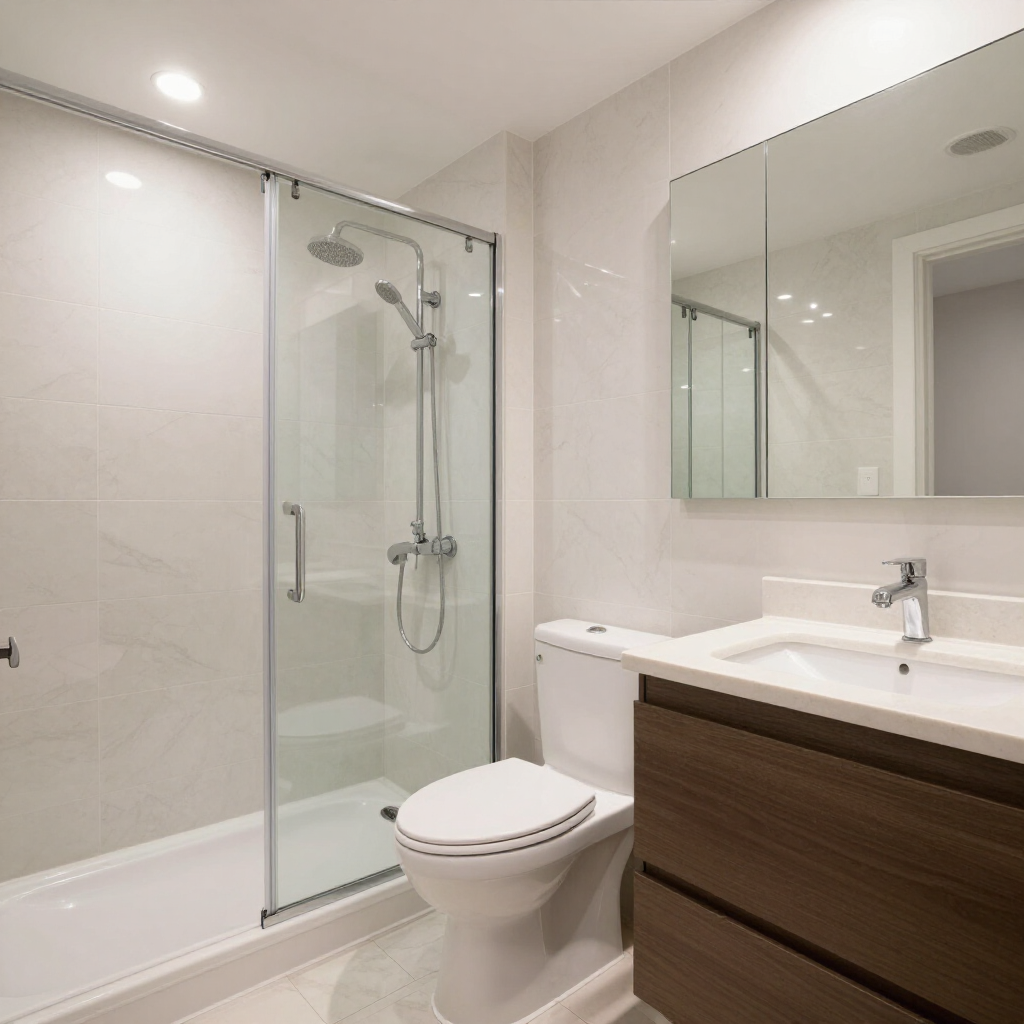Modern bathroom with glass shower, toilet, vanity, and large mirror.