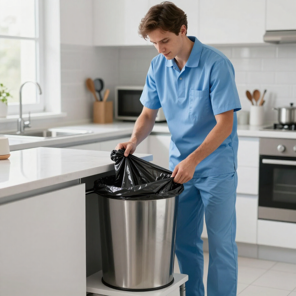 Person in blue scrubs changing a trash bag in a stainless steel kitchen bin.