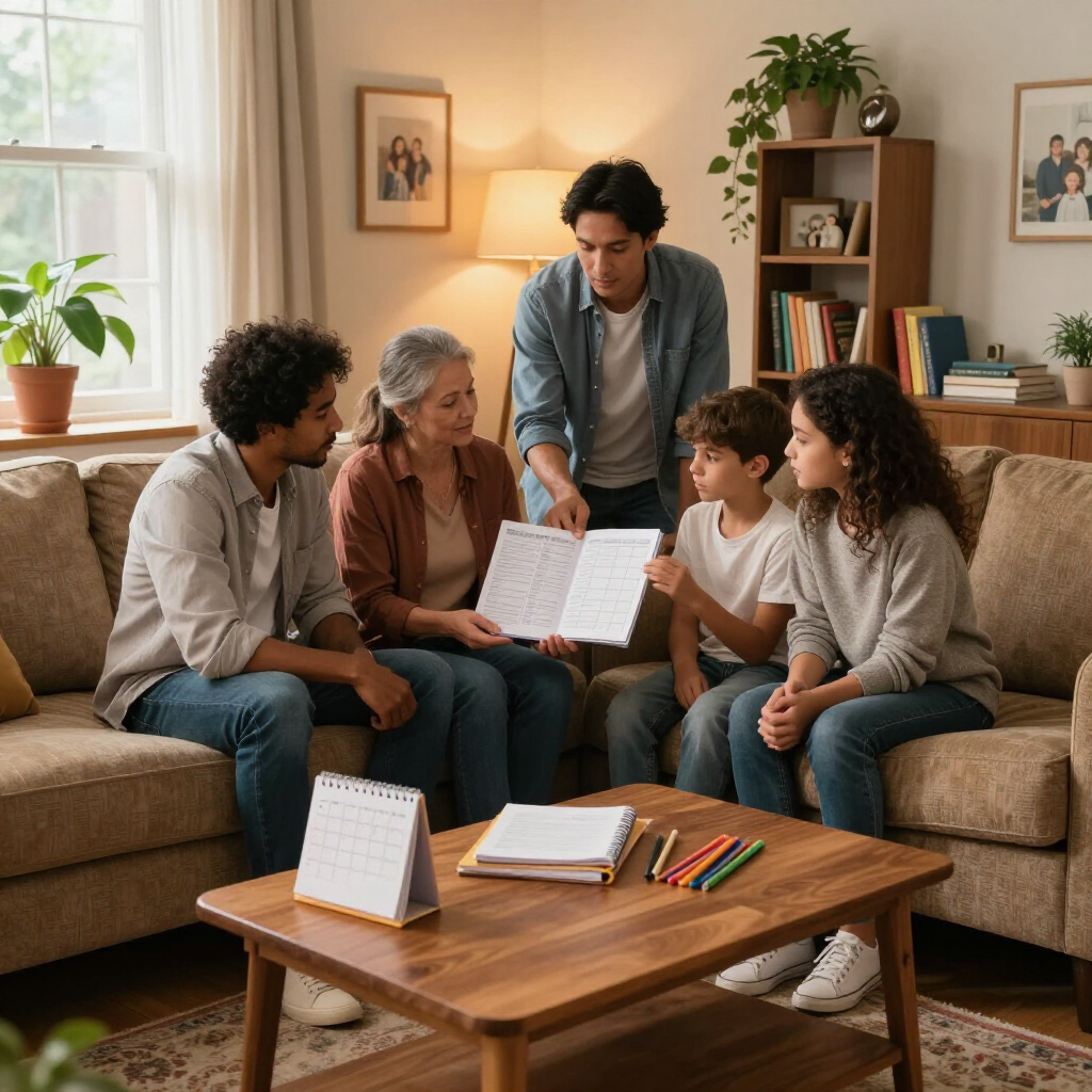 Family gathered on a sofa, reviewing papers with a man standing over a coffee table in a cozy living room.