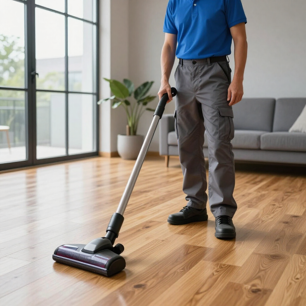 Person vacuuming a hardwood floor in a bright living room
