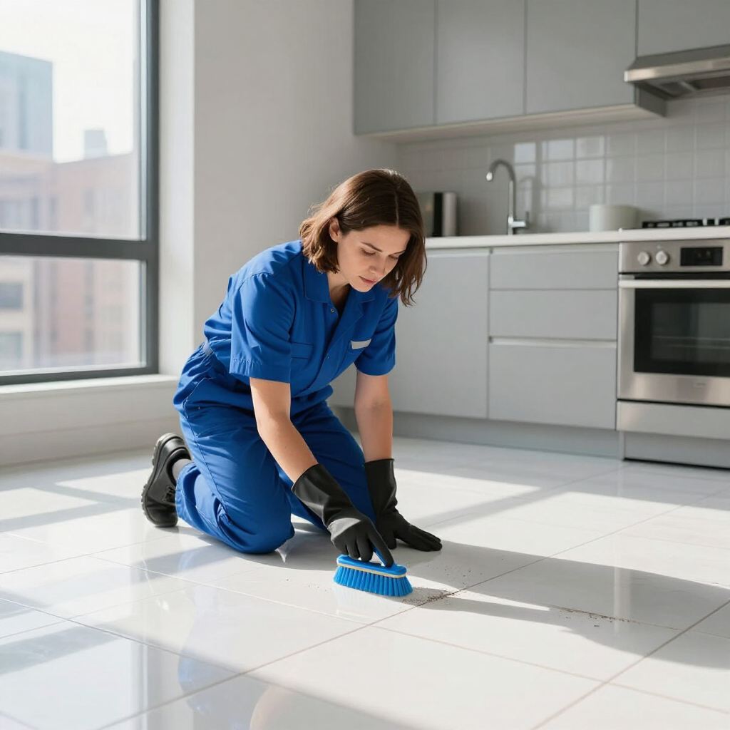 Worker in blue coveralls cleaning white tile floor with a brush in a bright kitchen