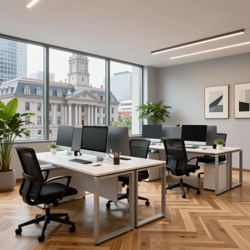 Modern open-plan office with desks, chairs, computers, plants, and a city view through large windows