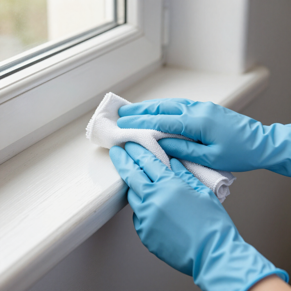 Blue-gloved hands wiping a white windowsill with a cloth