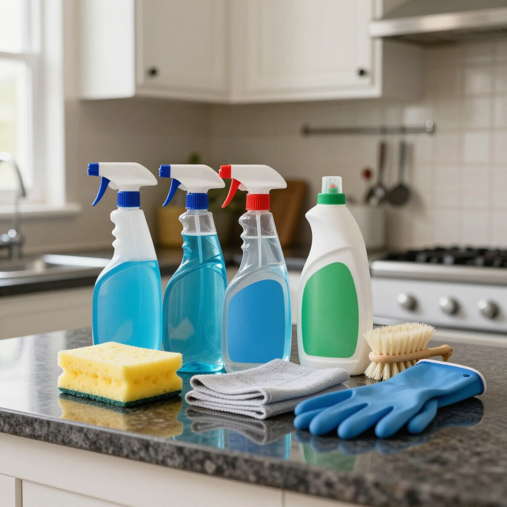 Cleaning supplies on a kitchen counter: sprays, detergent, sponge, cloths, brushes, and gloves.