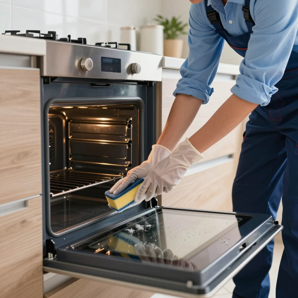 Person in gloves cleaning an open oven with a sponge in a bright kitchen