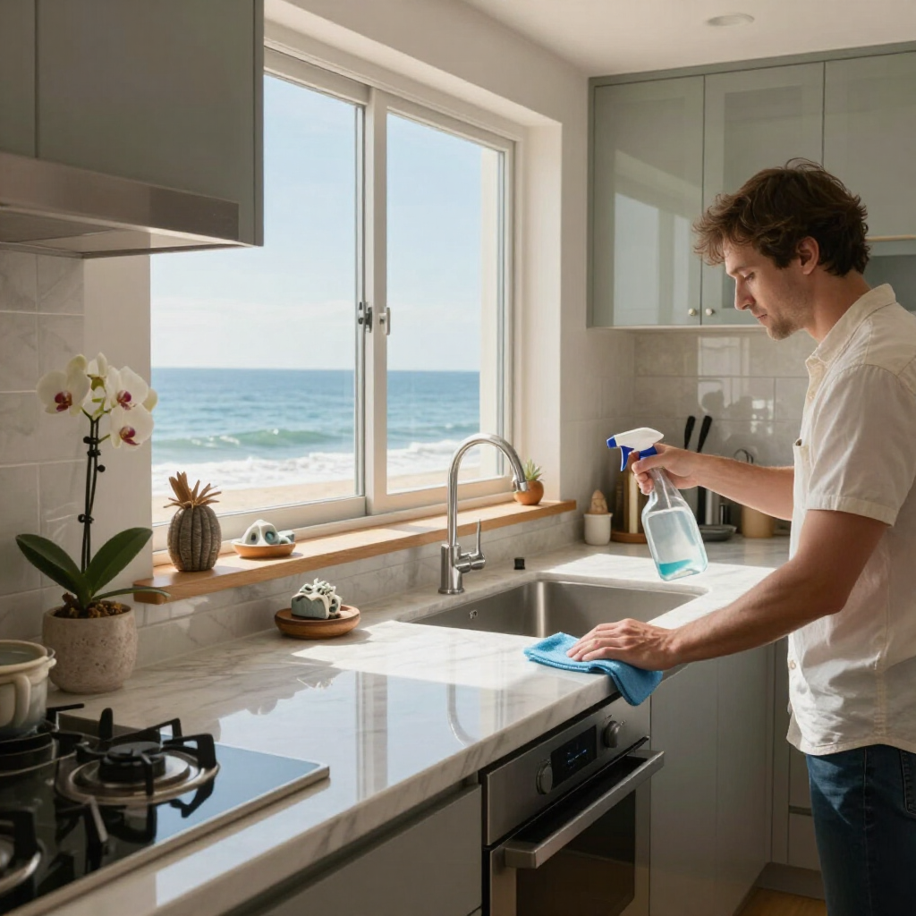 Person cleaning a modern kitchen counter beside a window overlooking the ocean