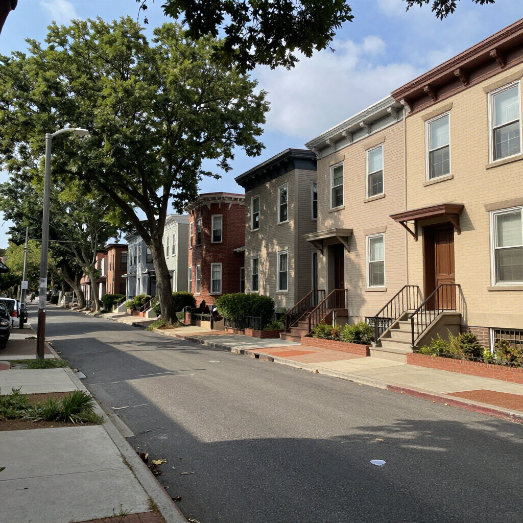 Quiet residential street with row houses, trees, and parked cars on a sunny day