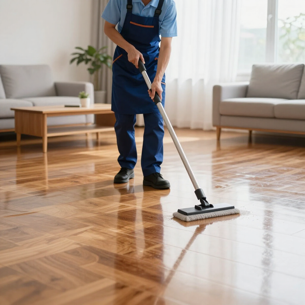 Cleaner mopping a glossy wooden floor in a bright living room