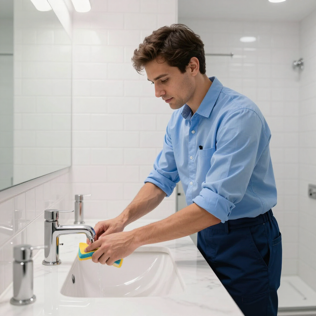 Person washing hands at a white sink in a bright bathroom, with soap dispenser nearby.
