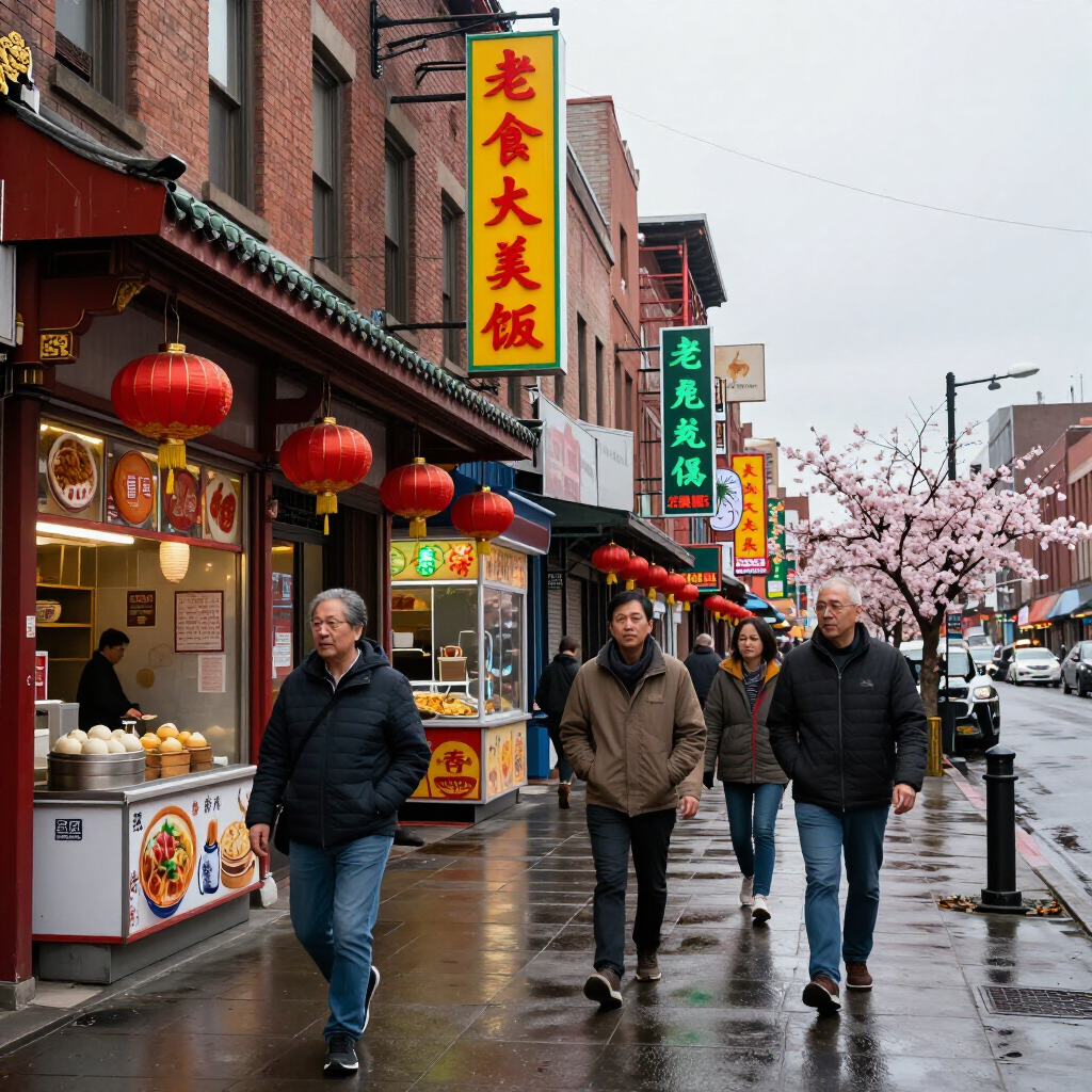 Rainy street in Chinatown with red lanterns, neon signs, cherry blossoms, and pedestrians walking past shops.