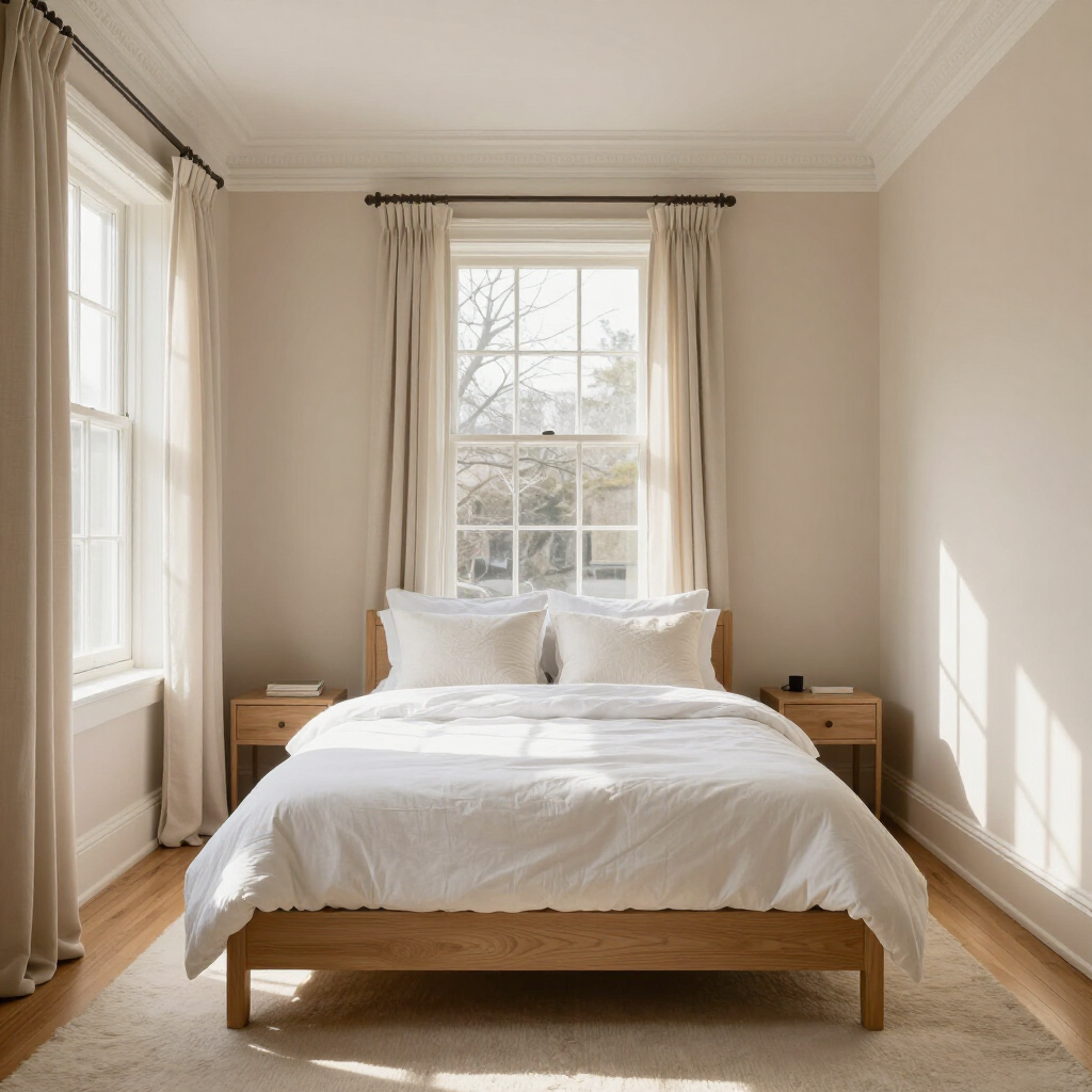Minimal bedroom with white bedding, wooden bed, and sunlight through tall windows