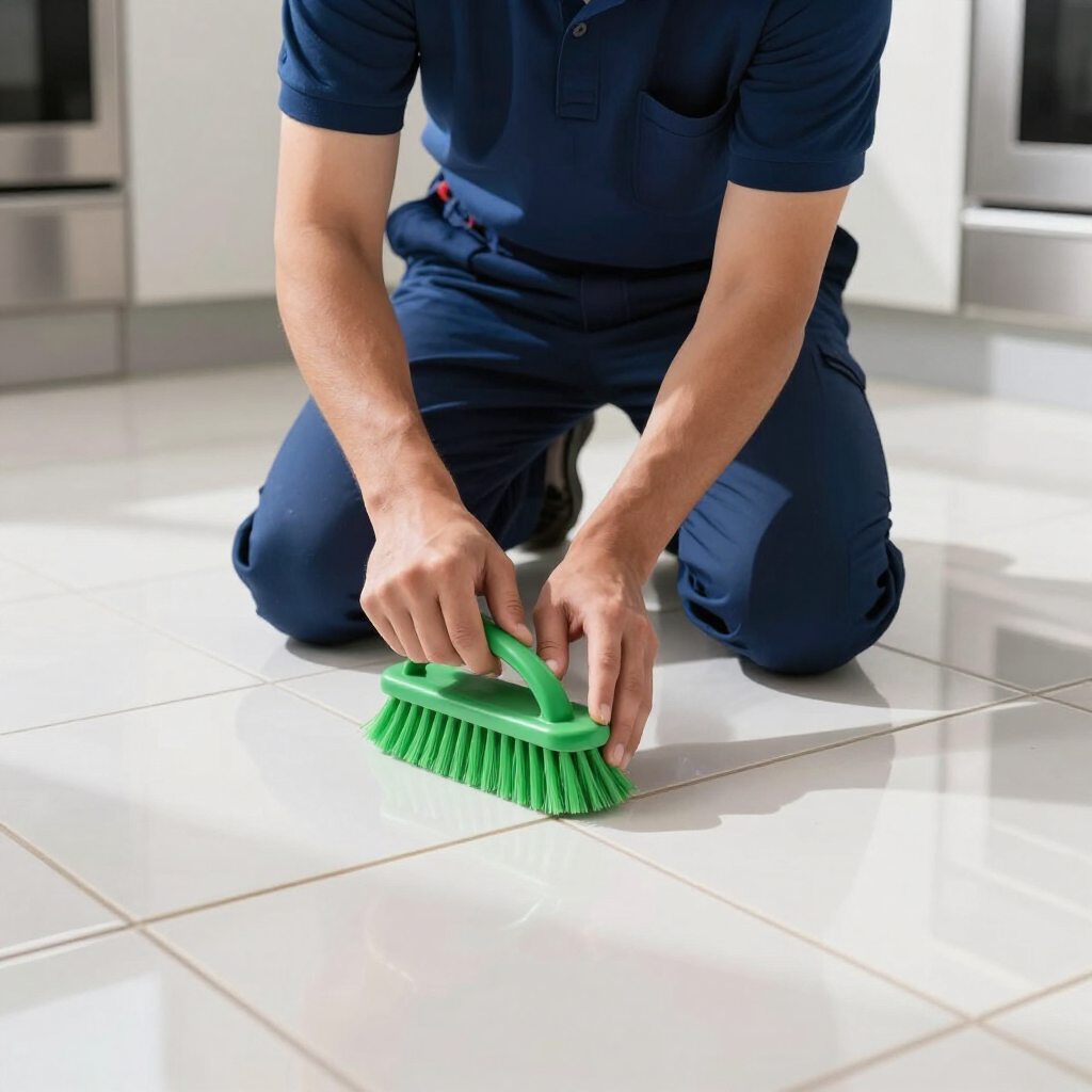 Person scrubbing white floor tiles with a green brush in a bright room