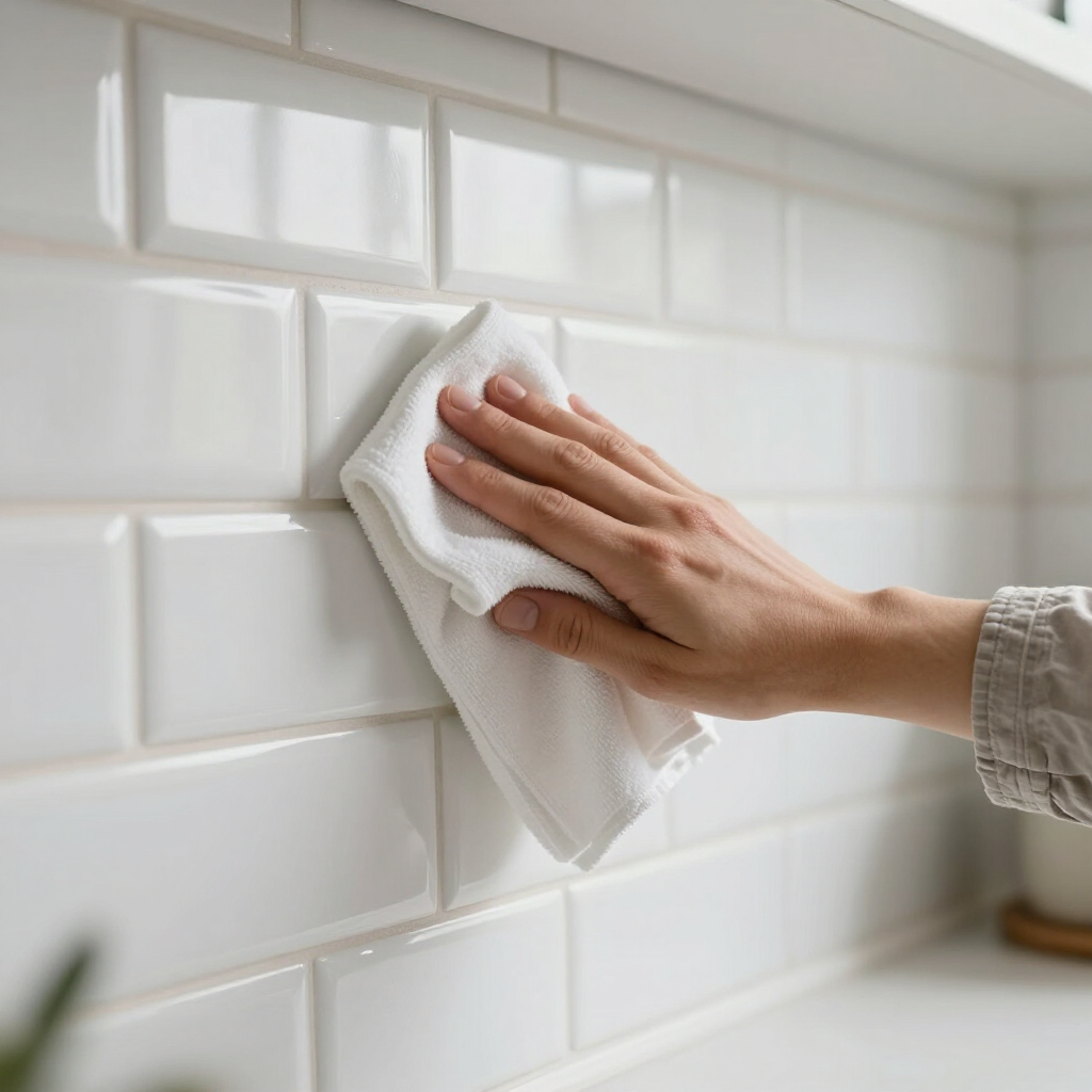 Hand wiping a white tiled wall with a cloth