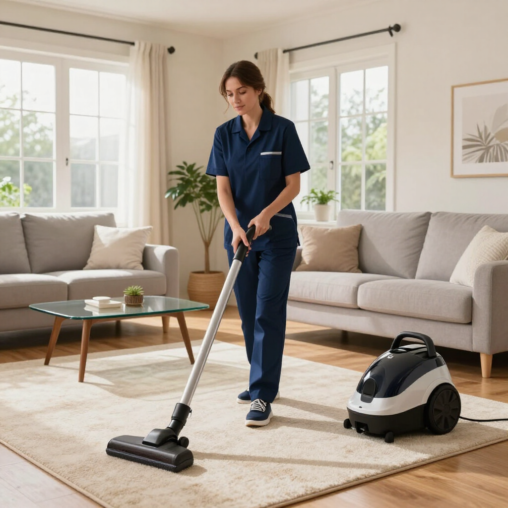 Person vacuuming a beige rug in a bright living room beside a canister vacuum.