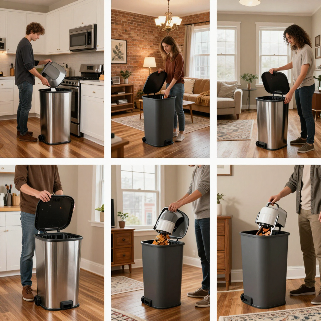 Collage of a person using a kitchen trash can and lid as a fire pit in a living room with flames inside
