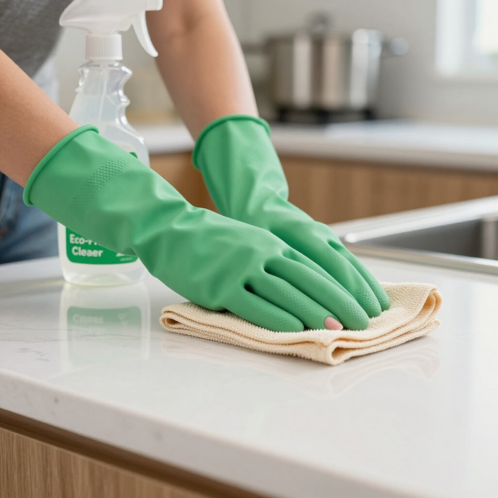 Green-gloved hands wiping a countertop with a cloth beside a spray cleaner in a kitchen.