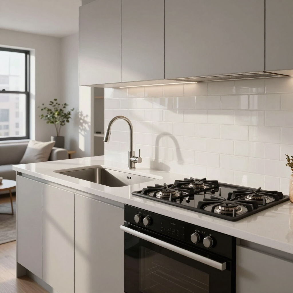 Modern white kitchen with island sink, gas stove, and light gray cabinets
