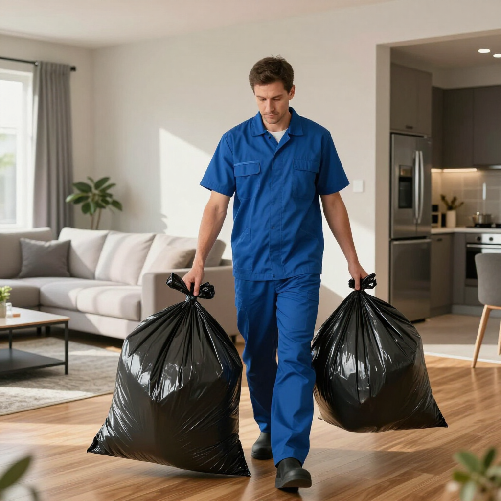 Man in blue workwear carrying two large black trash bags through a bright living room