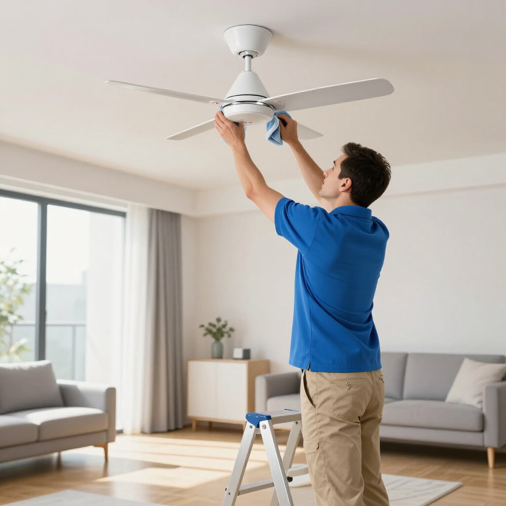 Person on a step stool installing a ceiling fan in a bright living room, using a blue shirt and tool belt.
