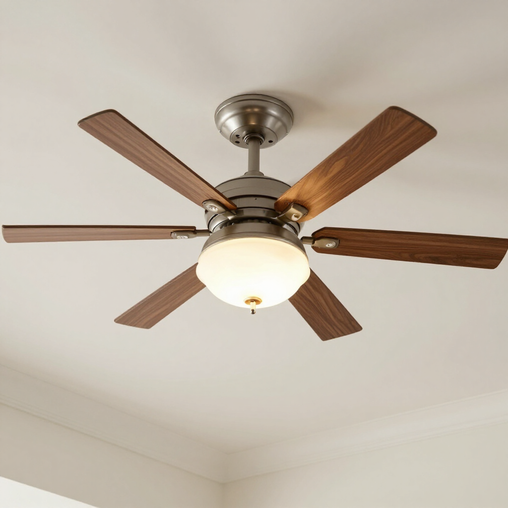 Ceiling fan with wooden blades and a frosted light fixture in a room corner