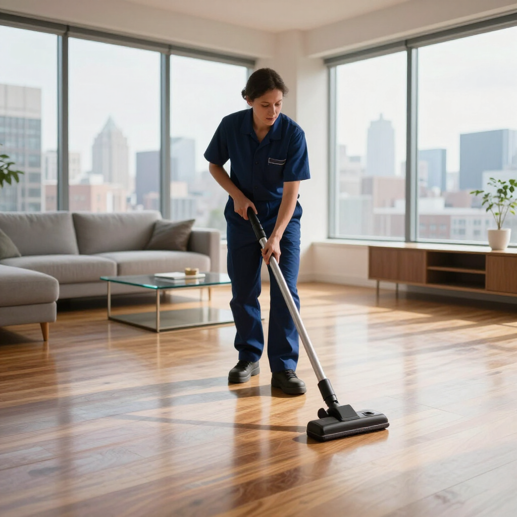 Person mopping a bright living room with hardwood floors and large city-view windows