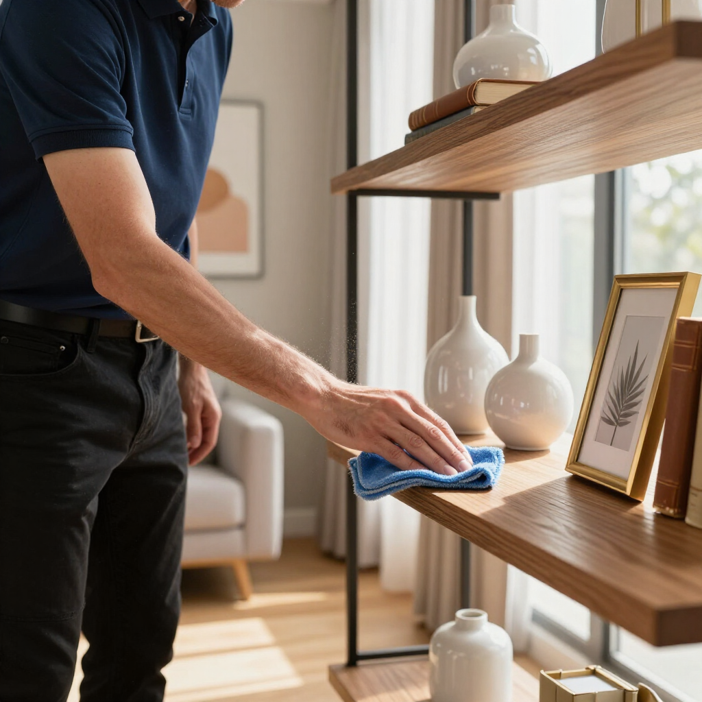 Person dusts a wooden shelf with a blue cloth in a bright living room.