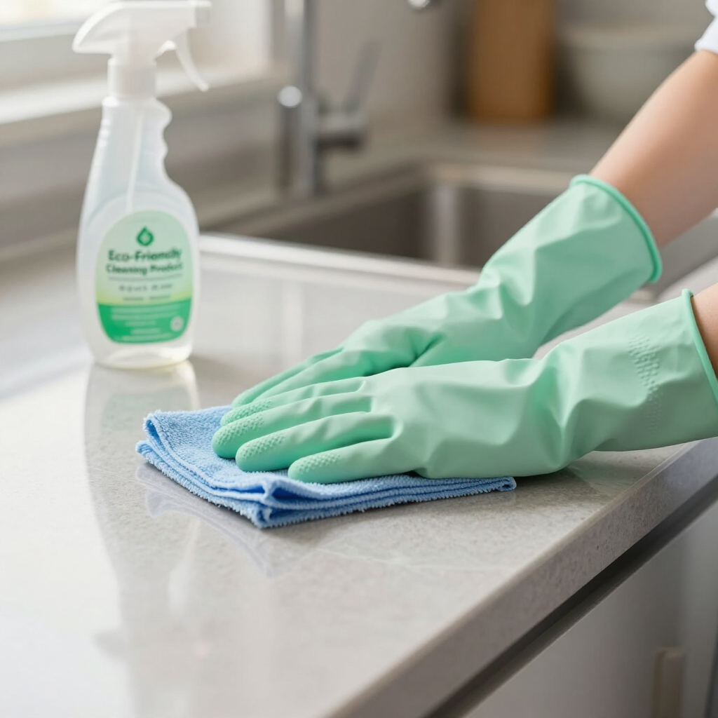 Gloved hand wiping a kitchen counter with a blue cloth beside a spray cleaner bottle