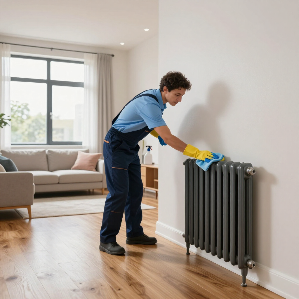 Person wiping a gray radiator with a blue cloth in a bright living room