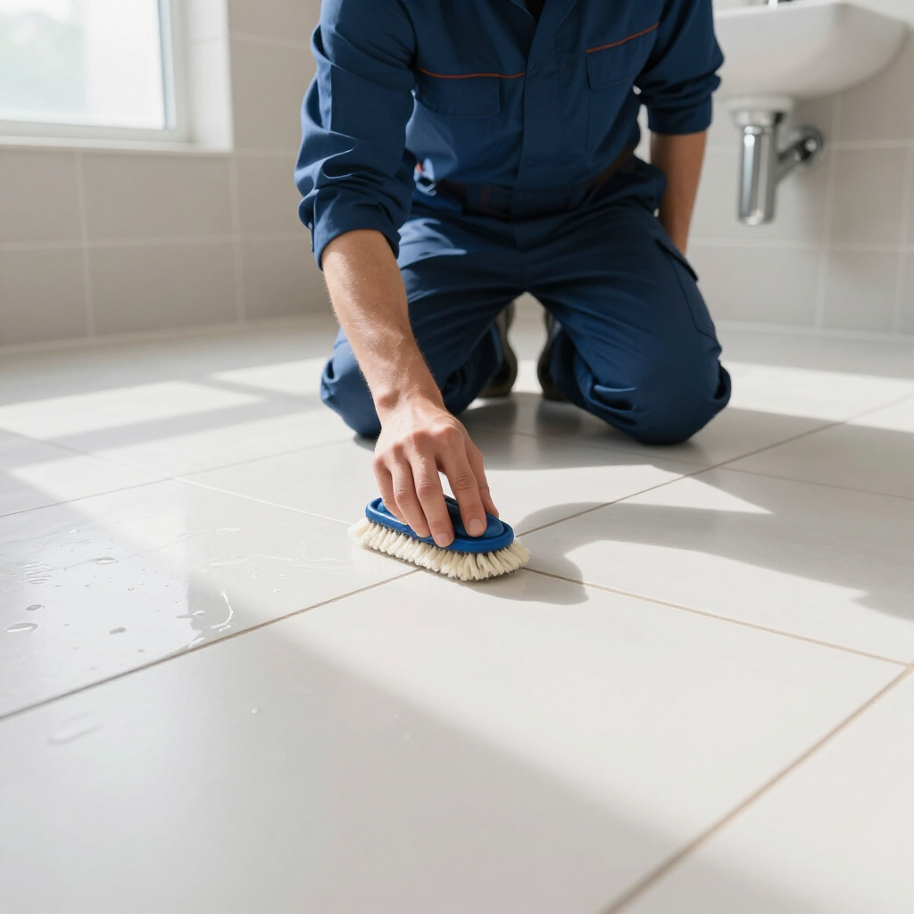 Worker scrubbing white tiled bathroom floor with a brush, kneeling beside a sink