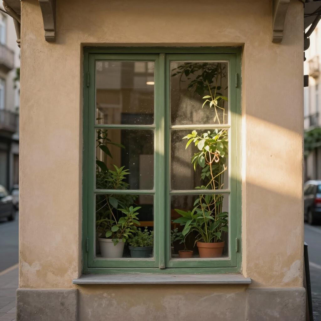 Green-framed window with potted plants inside a beige building facade
