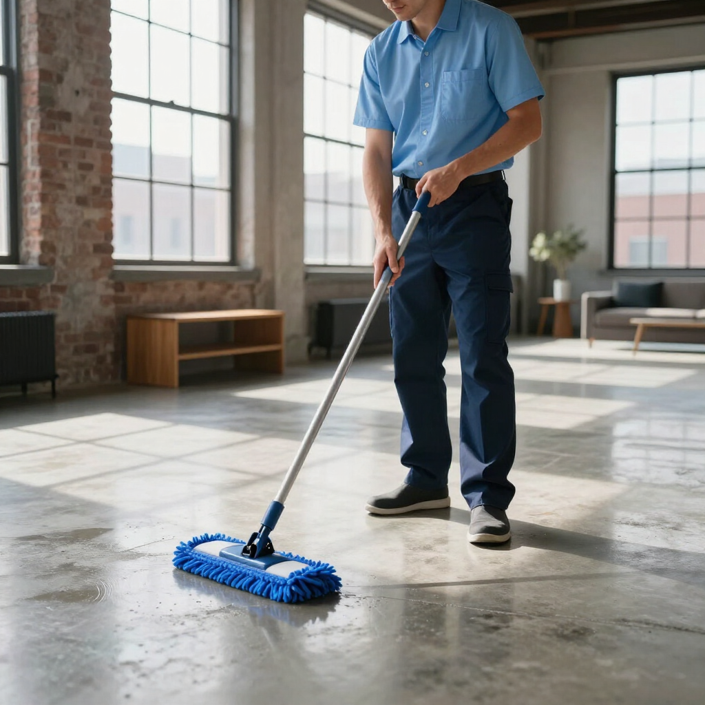 Person mopping a bright office floor with a blue mop in a sunlit room