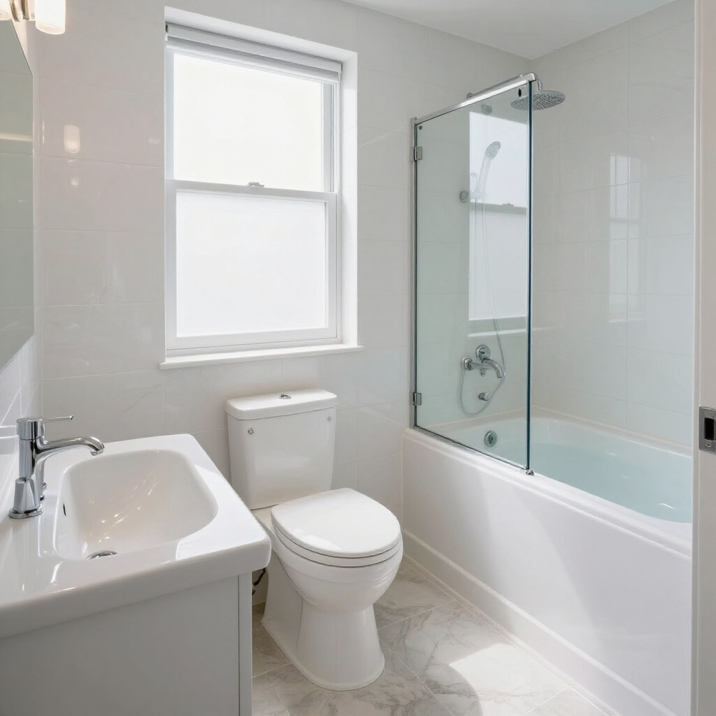 Bright white bathroom with sink, toilet, bathtub, and glass shower panel by a window