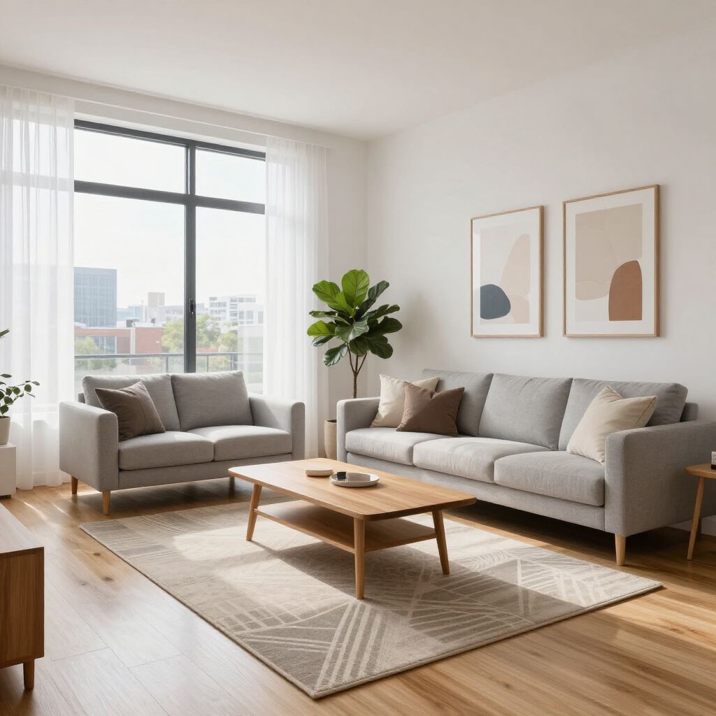 Bright living room with gray sofas, wooden coffee table, large window, rug, and potted plant