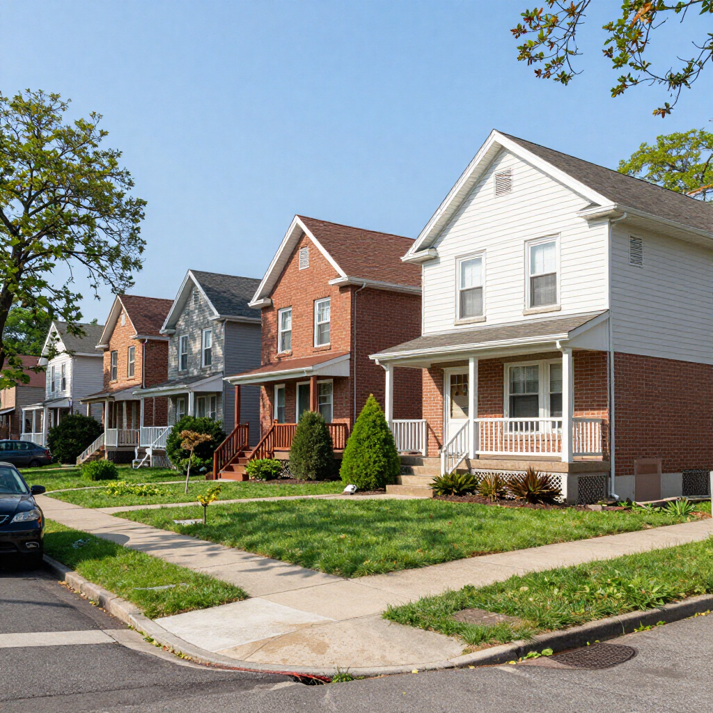 Row of suburban houses with brick and white siding on a sunny street corner