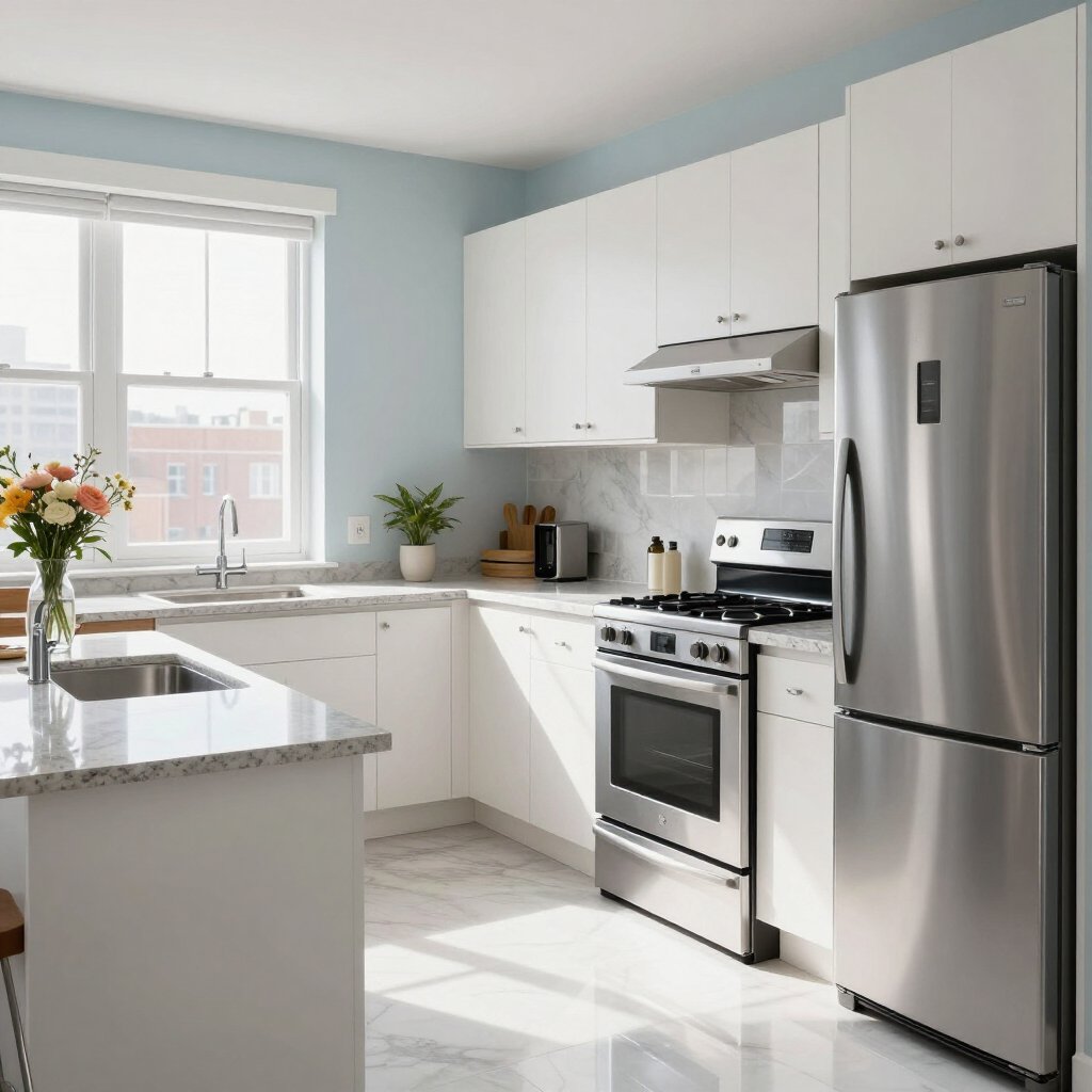 Bright modern kitchen with white cabinets, stainless steel appliances, and a sunlit window