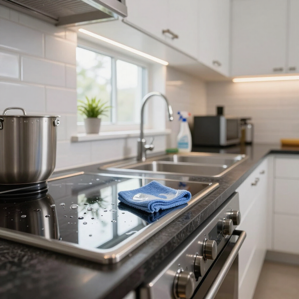 Modern kitchen with stainless steel stove, sink, and countertop, plus a blue cloth on the cooktop
