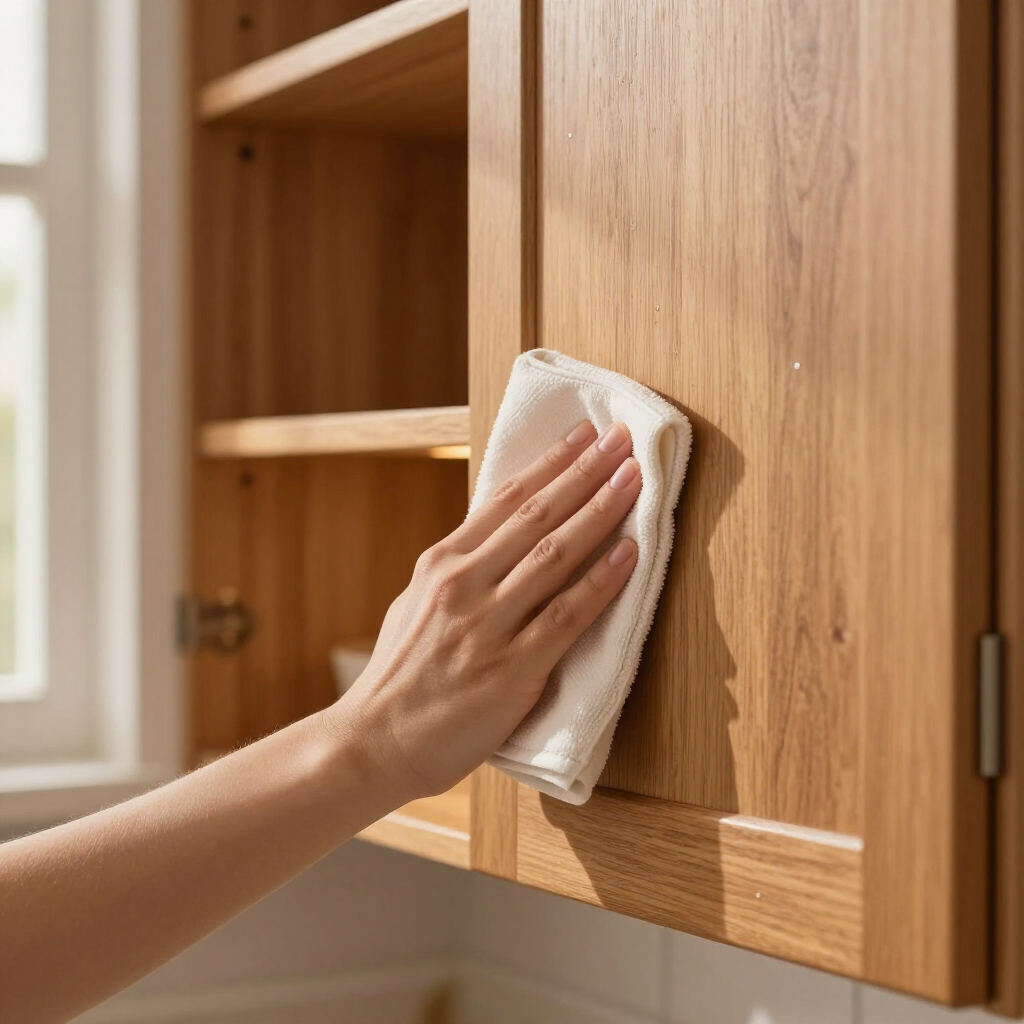 Hand wiping a wooden cabinet door with a cloth during cleaning