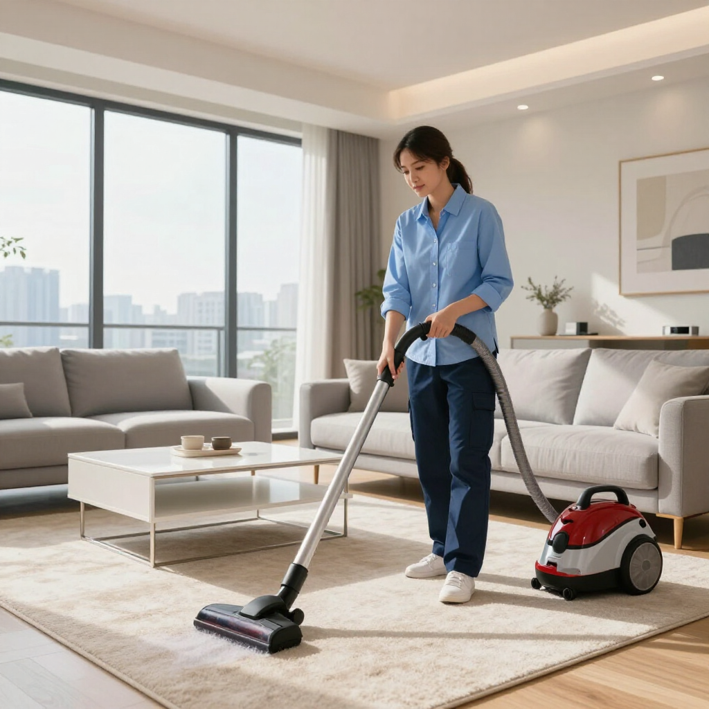 Person vacuuming a bright living room with a red canister vacuum cleaner.