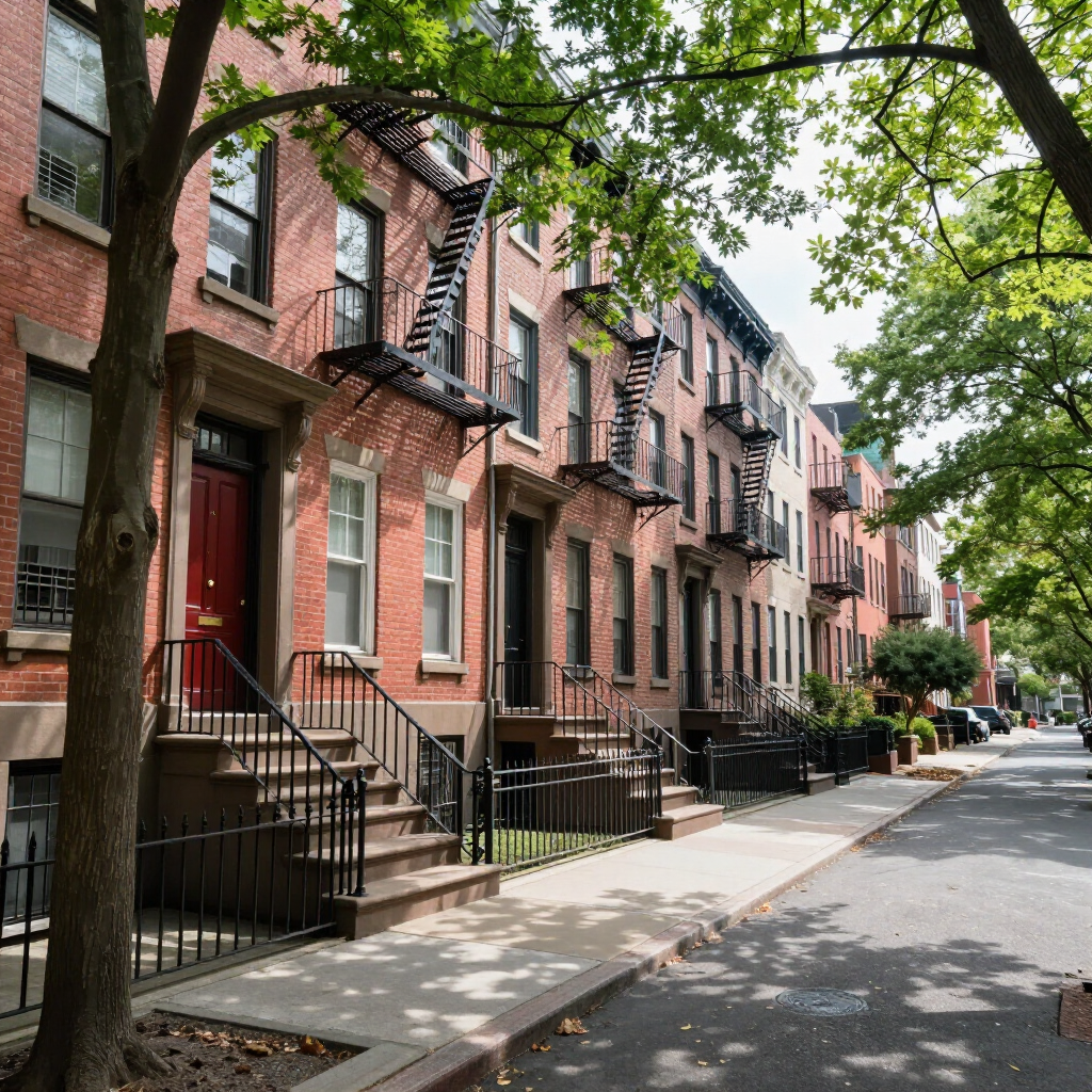 Tree-lined city street with brownstone row houses, iron stoops, and parked cars in daylight