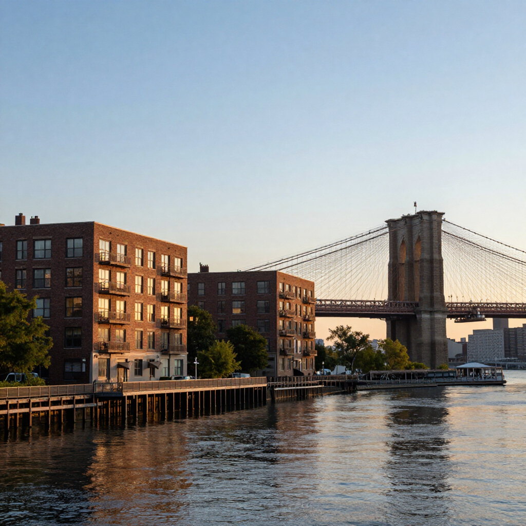 Sunset over waterfront apartments with the Brooklyn Bridge in the background