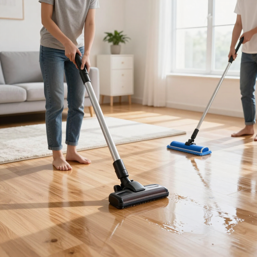 Two people mopping a shiny hardwood floor in a bright living room